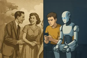 Comparação entre vida social antiga e atual com homem distraído e robô, representando comportamento de lives NPCs