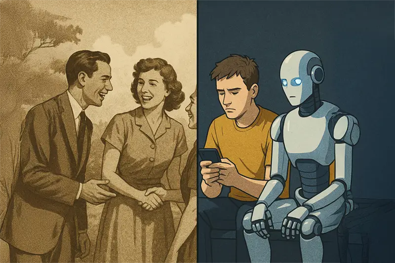 Comparação entre vida social antiga e atual com homem distraído e robô, representando comportamento de lives NPCs