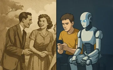 Comparação entre vida social antiga e atual com homem distraído e robô, representando comportamento de lives NPCs