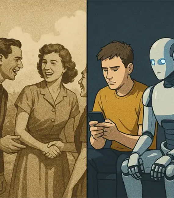 Comparação entre vida social antiga e atual com homem distraído e robô, representando comportamento de lives NPCs